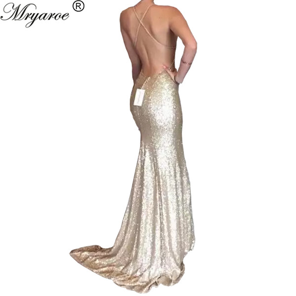 Real Picture Champagne Gold Glitter Sequin Mermaid Prom Dress 2017 Spaghetti Straps Cross Back Sexy Open Back Formal Dresses