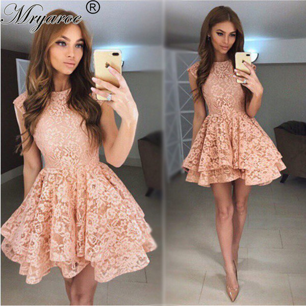 Mryarce 2017 Short Prom Dresses Cap Sleeves Two Layer Tiered Short Lace Dress For Party robe cocktail courte chic