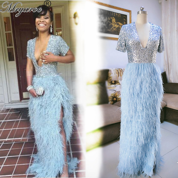 Real Picture Amazing Ostric Feather Prom Dresses Blue Sexy Deep V-Neck Glitter Sequin High Slit Luxury Evening Gowns Vestido De Festa Longo