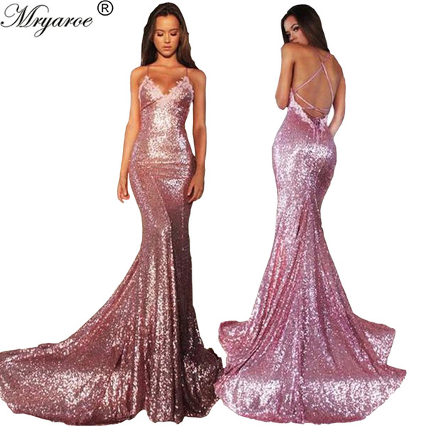 Mryarce Rose Pink Glitter Sequined Stretchy Mermaid Prom Dresses Spaghetti Straps Criss Cross Back Sexy Backless Formal Gowns