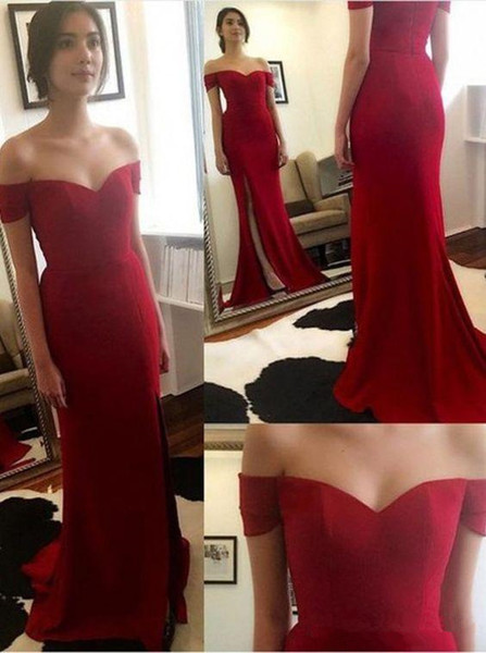 Simple Mermaid Prom Dresses red party gowns Side Split evening dress Off Shoulder vestido longo evening gowns evening wear graduation dress