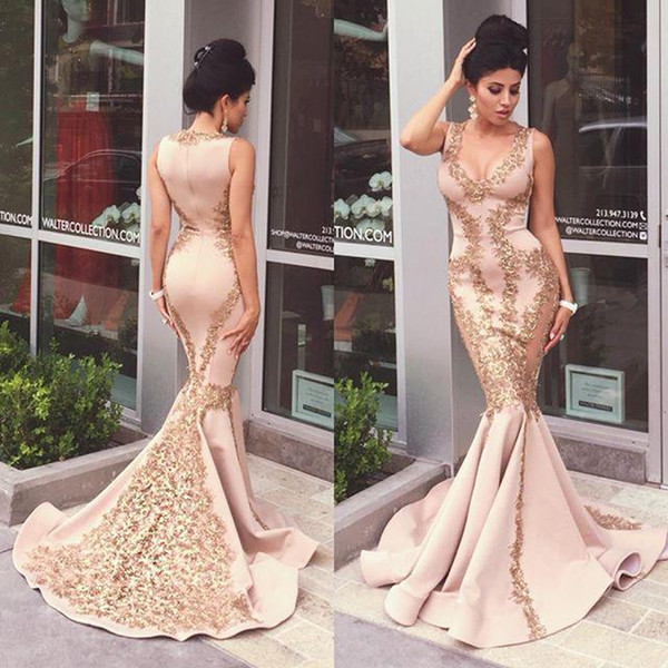 2017 New Blush Pink Gold Lace Evening Dresses Appliques Beads Mermaid Formal Arabic Evening Gowns Prom Dresses U-Neck Sleeveless Party Gowns