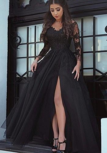 MariRobe Women's Lace Appliques Long Sleeves Illusion Slit Evening Dress Formal Party Gown Prom Dresses