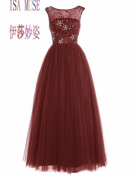 Long Tulle Elegant Beaded Flower BoatNeck Prom Gown Bridesmaid Dresses