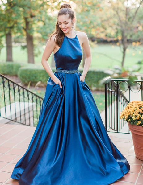 A Line Satin Prom Dresses Halter Sleeveless Evening Party Gowns With Beaded Sash Floor Length Special Occasion Gowns