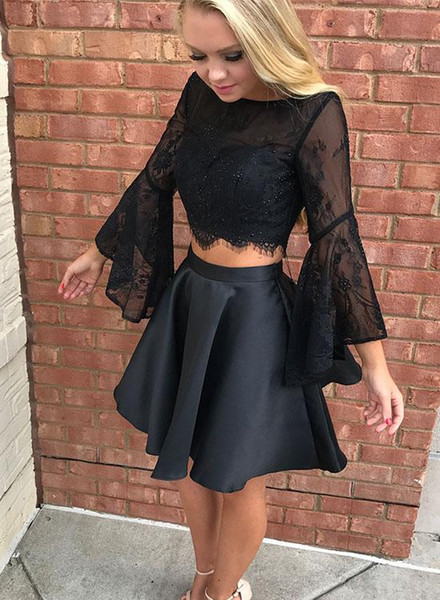 Two Pieces Prom Dresses Backless Short Evening Party Gowns Black Long Sleeve Lace Cocktail Homecoming Special Occasion Dresses