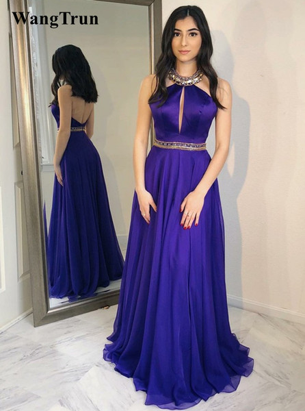 Beautiful Halter Backless Prom Dresses A Line Purple Evening Gowns Beaded Chiffon Formal Party Dresses