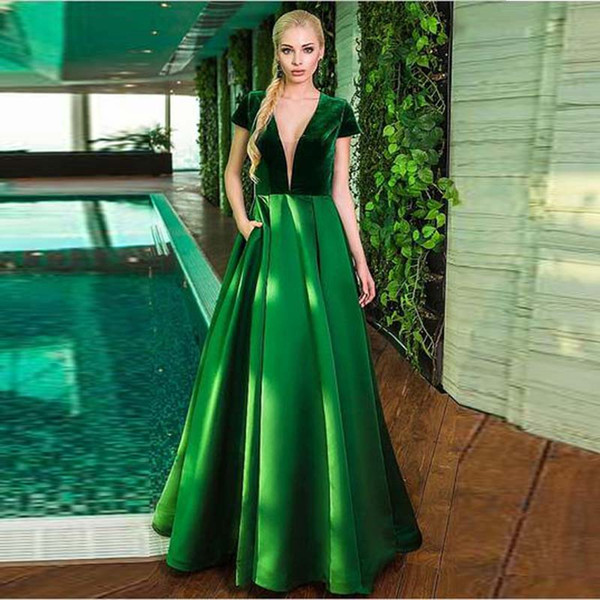 Attractive V-neck Design Fashion Deep Green Burgundy Velvet Prom Dress Ladies 2017 Carpet Gown Sexy Backless Designer Dress