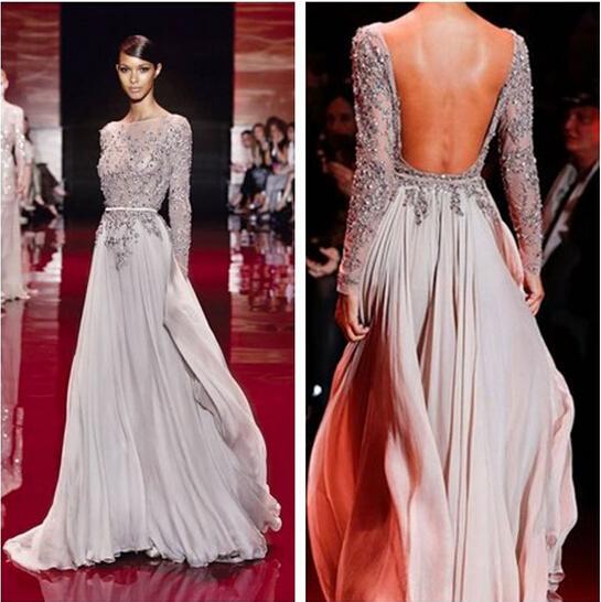 Popular Design Long Sleeves Fashion Show Dress Silver Chiffon Long Prom Dress With Beaded Appliques Sexy Open Back floor length