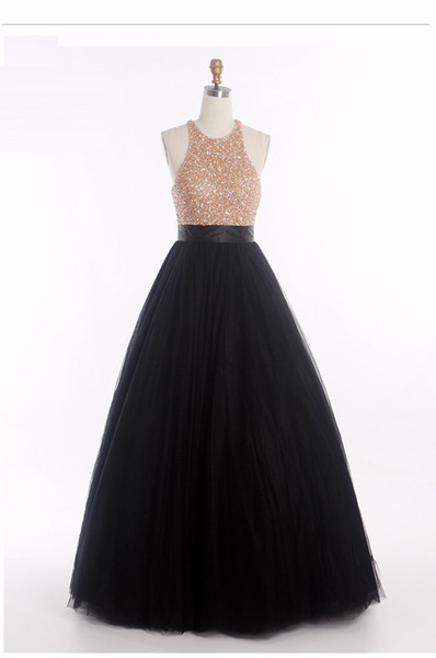 Attractive Style Full Beaded Bodice Black Tulle Prom Dress Ball Gown Jewel Neck Autumn Collection Ladies Carpet Dress