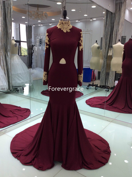 2017 Real Photos Burgundy Colour Prom Dress Sexy High Neck Applique Lace Long Sleeves Party Gown Custom Made Plus Size