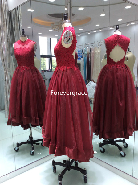 2017 Real Photos Red Colour Prom Dress Sexy Sheer Neck Applique Lace Backless Long Party Gown Custom Made Plus Size