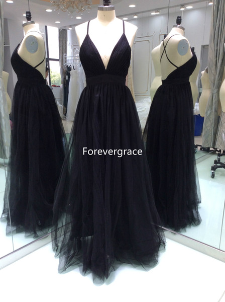 2017 Real Photos Black Colour Prom Dress Sexy Backless Tulle Long Party Gown Custom Made Plus Size