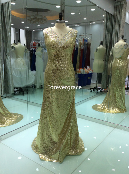 2017 New Arrival Real Photos Gold Colour Sequins Prom Dress Beaded Long Party Gown Custom Made Plus Size