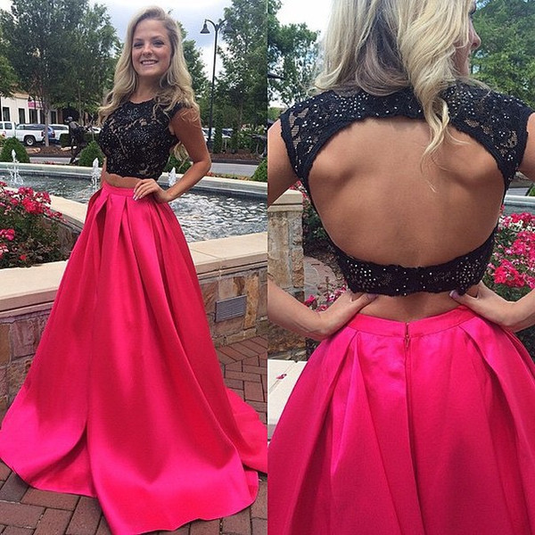 Top Selling Open Back Vestidos de Festa Sleeveless Two Pieces Prom Dresses Lace 2017 Long Party Gowns Fashion Girls Prom Gown