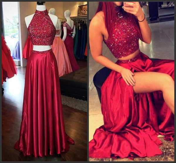 Shinning Two Pieces Prom Dresses High Neck Crystal Beading Dark Red Hollow Back Side Split Evening Gowns Long Formal Cocktail Party Dress