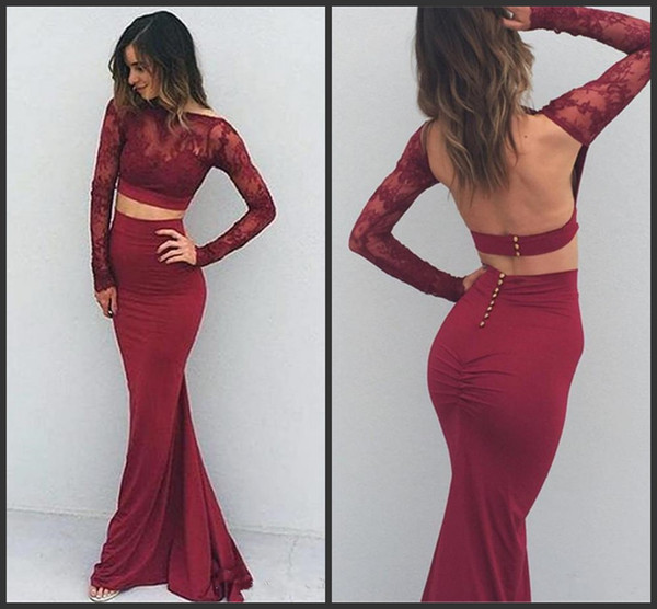 Wear Backless Sheer Neck Long Sleeves Prom Dress Mermaid Pleats Button Back Cheap Party Dress Burgundy Sexy Two Pieces Dresses Evening