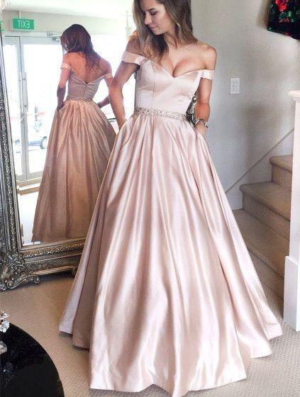 Sexy Big V Neck Off the Shoulder A Line Beading Belt Satin Prom Gowns Party Dresses