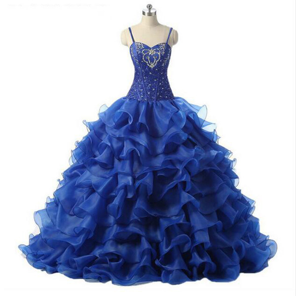 Royal Blue Quinceanera Dress Spaghetti Straps Ruffled Organza Ball Prom Dress With Beaded Lace Bodice 2017 Real Made