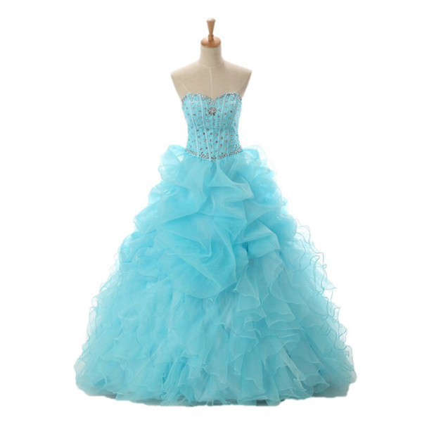 Latest Fashion Sweetheart Light Blue Quinceanera Dress Ruffled Tulle Beaded Bodice Corset Back Ball Prom Gown