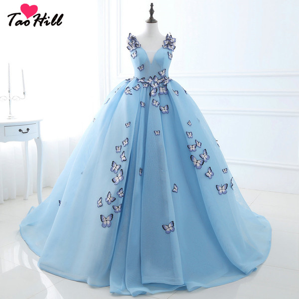 TaoHill Ball Gown Deep V-neck Blue Prom Dresses Straps With Butterfly Flowers Princess Evening Party Dresses