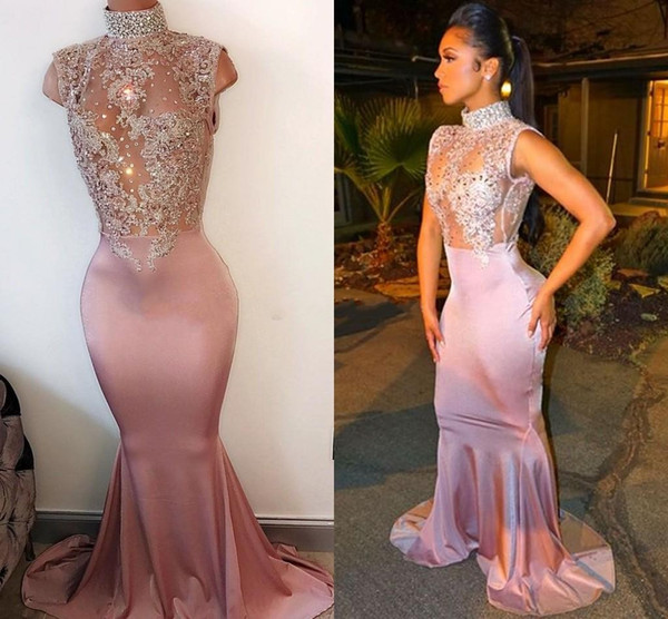 Sexy Mermaid Prom Dresses High Neck Sleeveless Illusion Crystal Lace Appliques Satin Pink African Black Girls Party Evening Gowns Wear