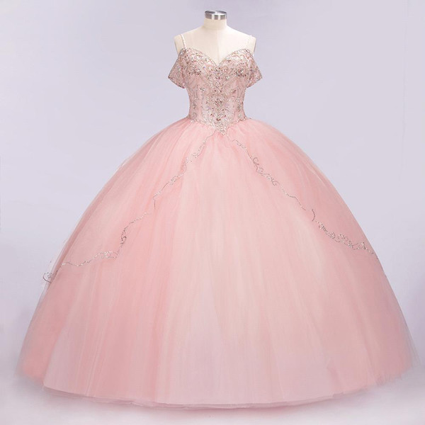 100% Real Pictures Luxury Baby Pink Lace Appliqued Ball Gown Quinceanera Dresses Elegant Off Shoulder Prom Evening Gown Formal Party Dresses
