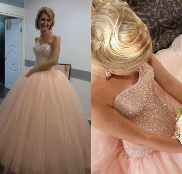 Bling Blush Pink Quinceanera Dresses New Sexy Sweetheart Ball Gowns Tulle Long Beautiful Prom Evening Gowns BA6405