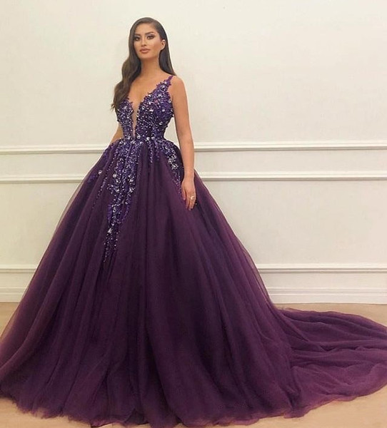 Glamorous Purple Ball Gown Quinceanera Dresses Deep V Neck Sequins Lace Appliques Girls Formal Party Gowns Sweep Train Evening Dresses