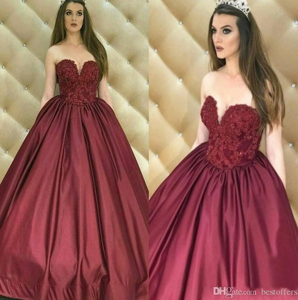 Vintage Arabic Burgundy Satin Quinceanera Prom Dresses A Line Floor Length Formal Robe de soriee Sweetheart Princess Party Gowns