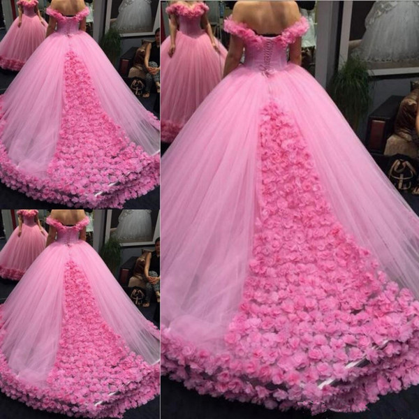 Prom Dress Luxurious 3D Floral Ball Gown Off-shoulder Cathedral Train Quinceanera Dresses Sweety 15 Girls Masquerade Gowns