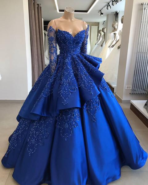 Royal Blue Layered Ball Gown Quinceanera Dresses Appliques Beaded Sequined Formal Pageant Gowns Evening Dress Long Sleeves Sweet 16 Dress