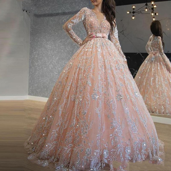 Sparkly Quinceanera Dresses Sequin Lace Ball Gown Prom Dress Jewel Neck Long Sleeve Sweet 16 Dress Long Formal Evening Wear
