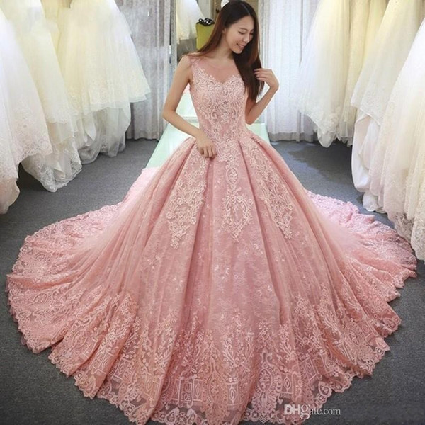 Vintage Tulle Pink Ball Gown Princess Quinceanera Dresses Appliques Lace Sweet 16 Dress Scoop Neck Vestido De Festa Long Formal Prom Gowns