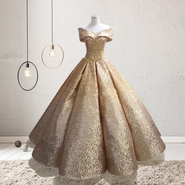 Ball Gown Quinceanera Dresses Luxurious Gold Off-shoulder Full Length Prom Dress Sweety 15 Girls Masquerade Gowns