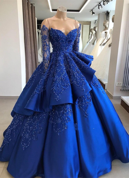 Off The Shoulder Satin Quinceanera Dresses Long Sleeve Embroidery Beaded Layered Ball Gown Sweep Train Party Princess Dresses BC1125