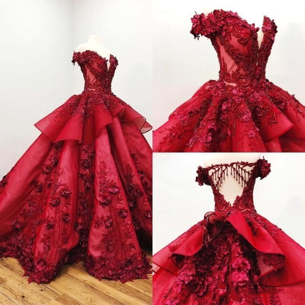 Red Quinceanera Dresses Ball Gown Off Shoulder 3D Floral Appliqued Beads Girls Pageant Gowns Formal Prom Dress Sweep Train BC2461