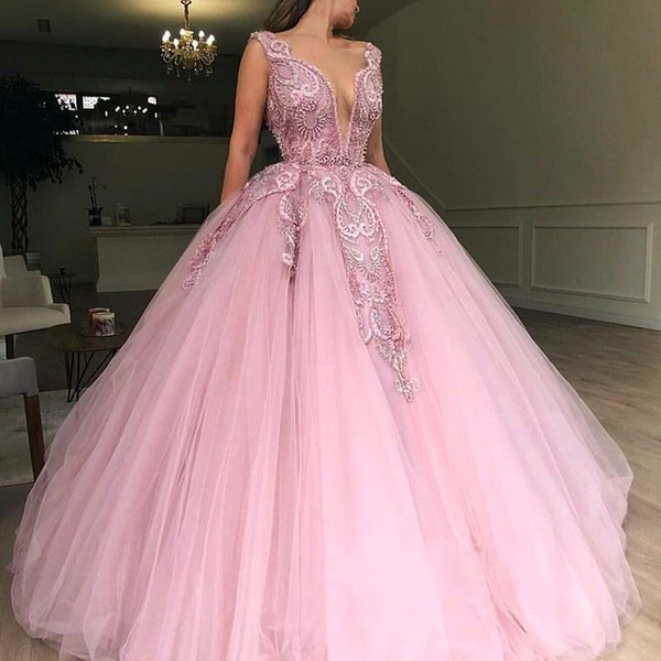 Pink Ball Gown Quinceanera Dresses Sequins Beaded Appliqued Top Puffy Long Prom Evening Gowns For Sweet 15 Celebrity Wear BC1266