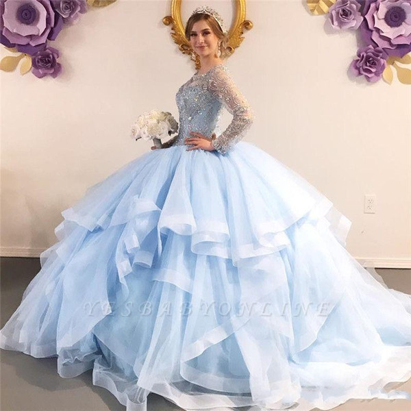 Elegant Major Beading Crystal Top Quinceanera Dresses Scoop Ball Gown Sheer Long Sleeves Sweet 15 Evening Dress Plus Size Prom Gowns BC2664