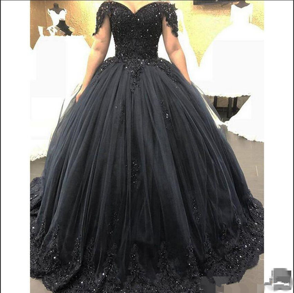 Navy Blue Prom Dresses Off the Shoulder Lace Applique Beaded Corset Back Crystals Sweep Train Quinceanera Party Ball Gown Custom Made