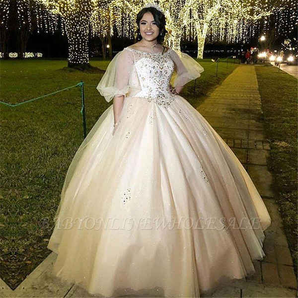 Arabic Luxury Crystal Beaded Bateau Neckline Illusion Half Sleeves Ball Gown Evening Dresses With Sweep Train Plus Size Quinceanera Dresses