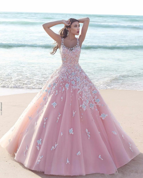 Princess Floral Flower Pink Ball Gown Quinceanera Dresses Applique Tulle Scoop Sleeveless Lace Bodice Long Prom Dresses Formal Party