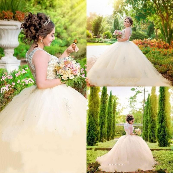 Vintage Champagne Princess Quinceanera Dresses Ball Gown Sheer Neck Major Beaded Custom Made Prom Gowns Tulle Tiered Cheap