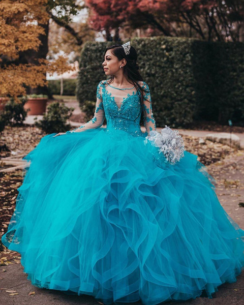 Blue Lace Beaded Sexy Quinceanera Prom Dresses Sheer Neck Long Sleeves Tulle Evening Party Sweet 16 Dress