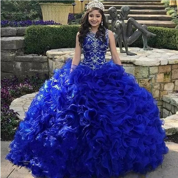 Luxurious Tiered Cascading Ruffles Royal Blue Quinceanera Dresses Jewel Neck Crystal Organza Sweet 16 Prom Dress