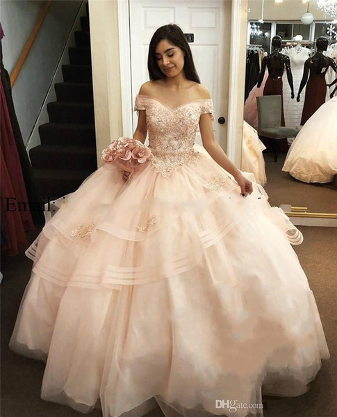 Luxury Blush Pink Bead Ball Gowns Quinceanera Dresses Off The Shoulder Ruffle Bling Lace Sweet 16 Prom Dresses Evening Gowns