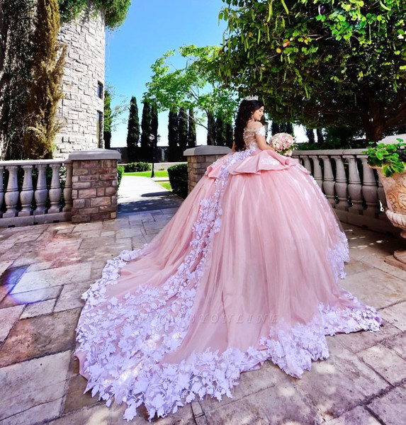 Gorgeous Pink With White Applique Quinceanera Dresses Ball Gown Sheer Neck Custom Made Prom Gowns Tulle Tiered