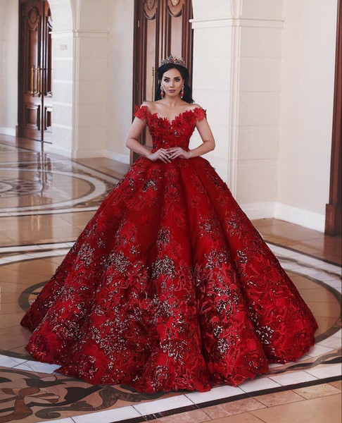 2020 Luxury Off Shoulder Ball Gown Quinceanera Dresses Red Lace Appliuqed Saudi Arabia Dubai Sweet 16 Prom Evening Formal Gown