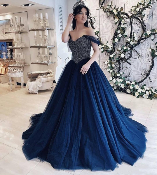 Modest Navy Blue Sequin Quinceanera Prom dresses off the shoulder with Sleeves Tulle Seuins Long Party Sweet 15 Vestidos De Dress