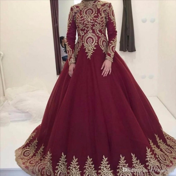 Burgundy Gold Applique Ball Gown Quinceanera Dresses High Jewel Neck Long Sleeves Sweet 15 Long Prom Party Gowns vestido de baile